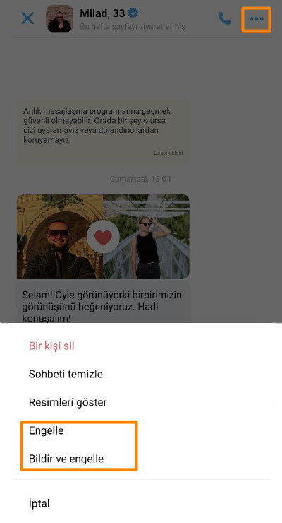 Mesajlar bölümünden kullanıcıya şikayet